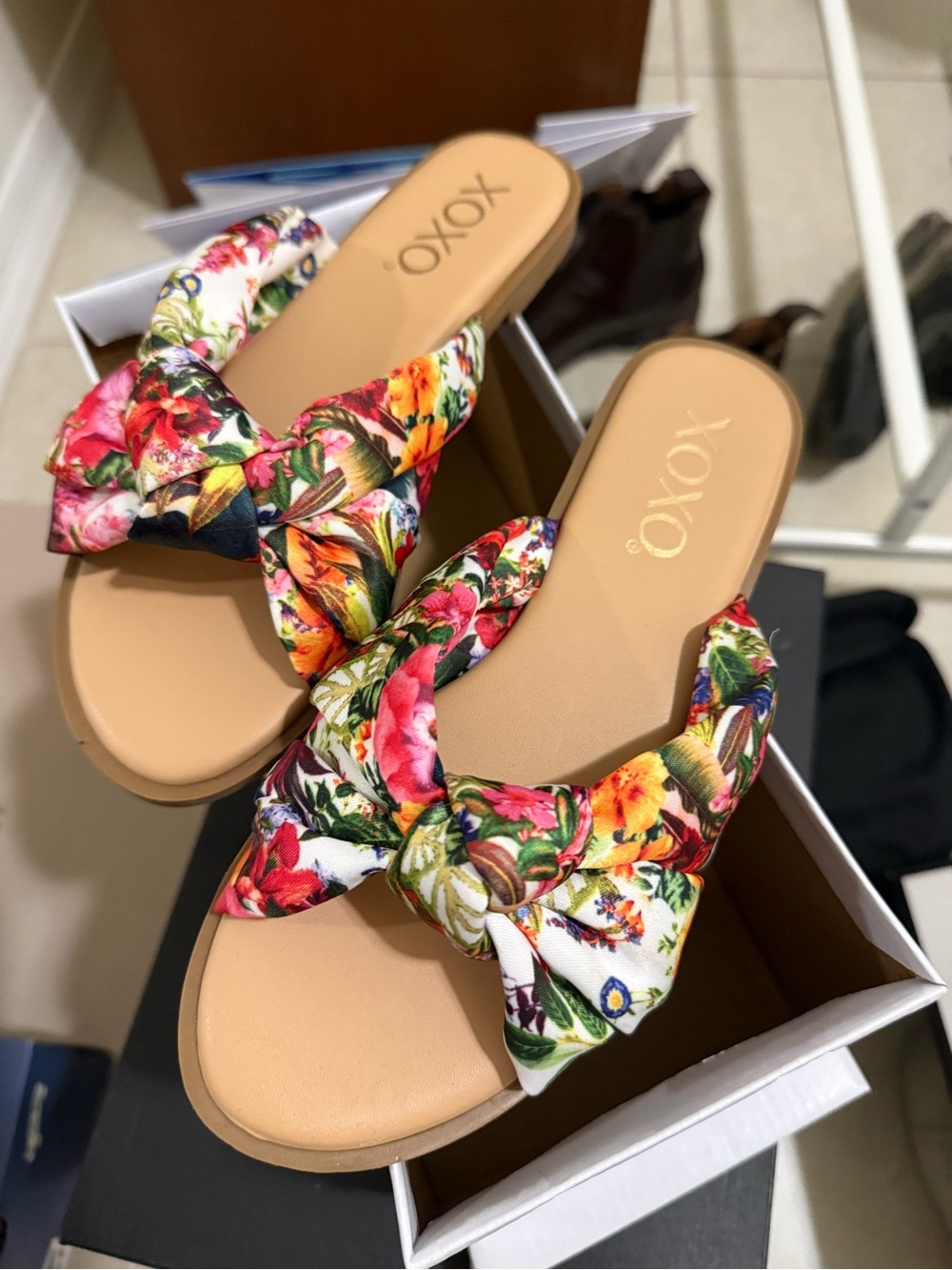 XOXO Floral Knot Slide Sandals in Pink, Green, Orange